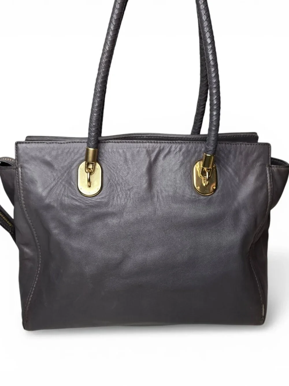 Cole Haan Benson Large Leather Tote Grey Braided Strap Gold Accents